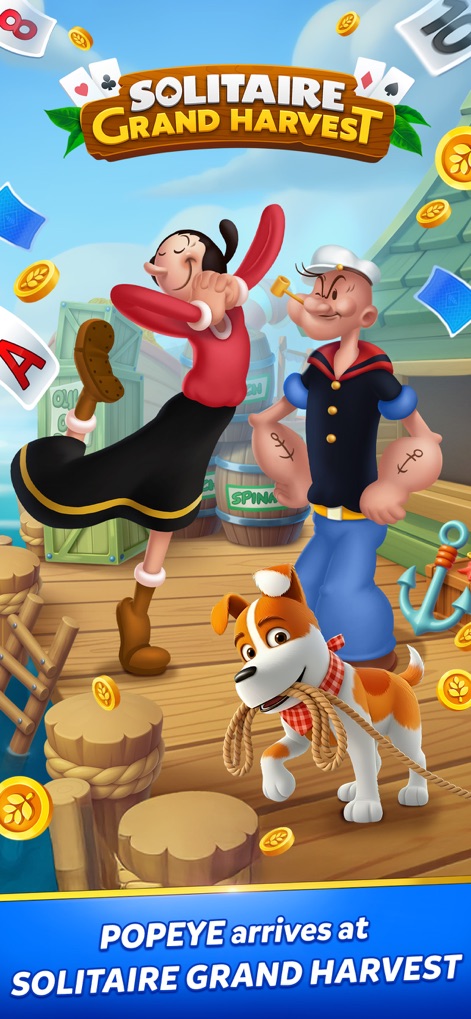 Solitaire Grand Harvest - The app introduces familiar characters like Popeye and Olive Oyl alongside the charming Sam the farm pup, setting a nostalgic tone for the adventure.