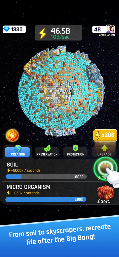 Idle World - Planet Miner - Explore the planet's progression, evident in the detailed cube-like structures covering its surface and the interactive 'SOIL' and 'MICRO ORGANISM' upgrade sections.