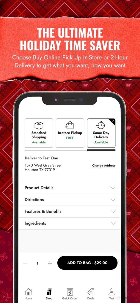 CosmoProf Beauty - This screenshot highlights flexible delivery methods like "In-store Pickup" and "Same Day Delivery," alongside detailed product information such as "Features & Benefits" and "Ingredients."