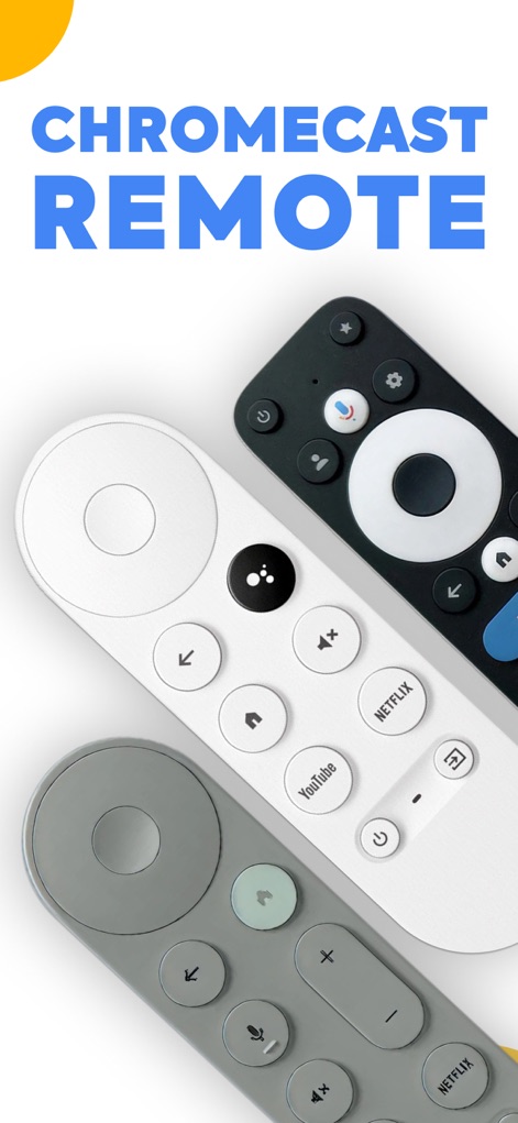 Cast for Chromecast - Esta imagem destaca a variedade de controles remotos físicos do Chromecast, enfatizando a funcionalidade central do aplicativo. Os usuários podem ver os designs distintos dos remotes e a marca Chromecast.