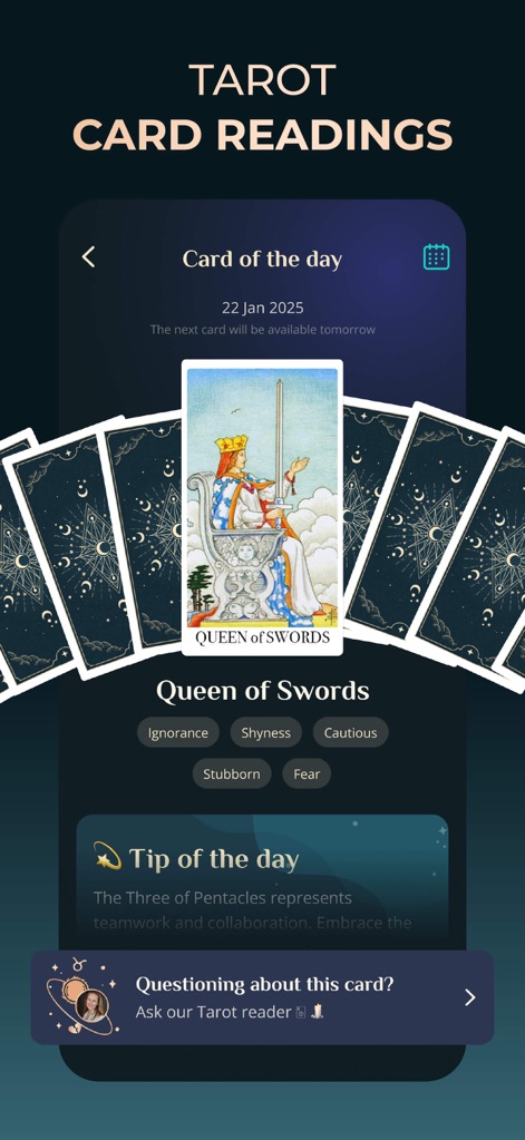 Daily Astrology Horoscope - Receive daily guidance from a 'Card of the day' like the Queen of Swords, accompanied by a 'Tip of the day' and the option to engage a Tarot reader.