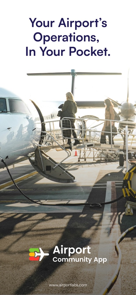 Airport Community - このアプリは、空港のあらゆる運用情報をモバイルデバイスで一元管理し、プロフェッショナルがいつでもどこでも業務を遂行できるようにします。画像は、「航空機に搭乗する乗客」の日常業務の裏で、「Airport Community App」のロゴが示すように、アプリがその円滑な運行を支えていることを表しています。