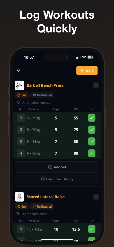 Stronger - Gym Workout Planner - Observe the intuitive exercise tracking interface, allowing users to effortlessly log sets, reps, and weights, alongside options to add sets or load from history for streamlined data entry.