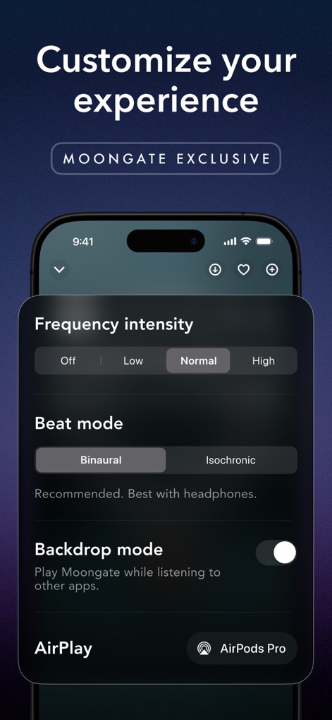 Moongate: Binaural Beats - Users gain full control over their audio experience, adjusting 'Frequency intensity' and choosing between 'Binaural' or 'Isochronic' beat modes.