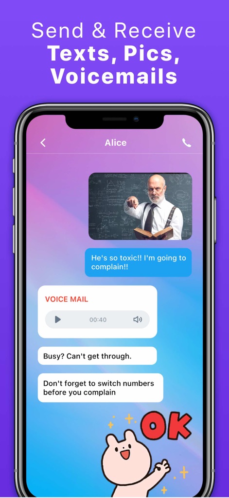 Text App: Wifi Calling+Texting - See how the app facilitates communication with a clear text messaging interface and integrated voicemail playback, ensuring no important message is missed.