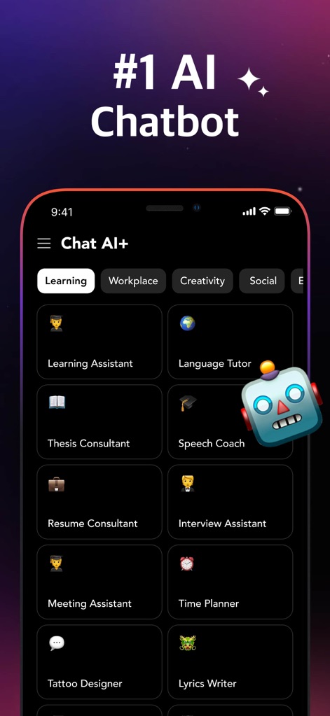 Gamm.AI - AI Chatbot Assistant - Discover the app's broad range of specialized tools, organized into categories such as 'Learning' and 'Workplace', offering assistants like the 'Language Tutor' and 'Tattoo Designer'.