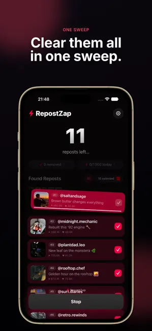 RepostZap: Repost Remover iPhone screenshot 1