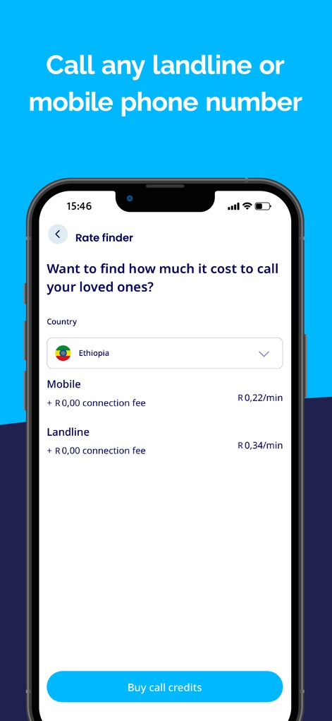 International Calling－Talk360 - Users can easily utilize the 'Rate finder' to check call costs, displaying transparent per-minute rates for both 'Mobile' and 'Landline' calls to selected countries like Ethiopia.