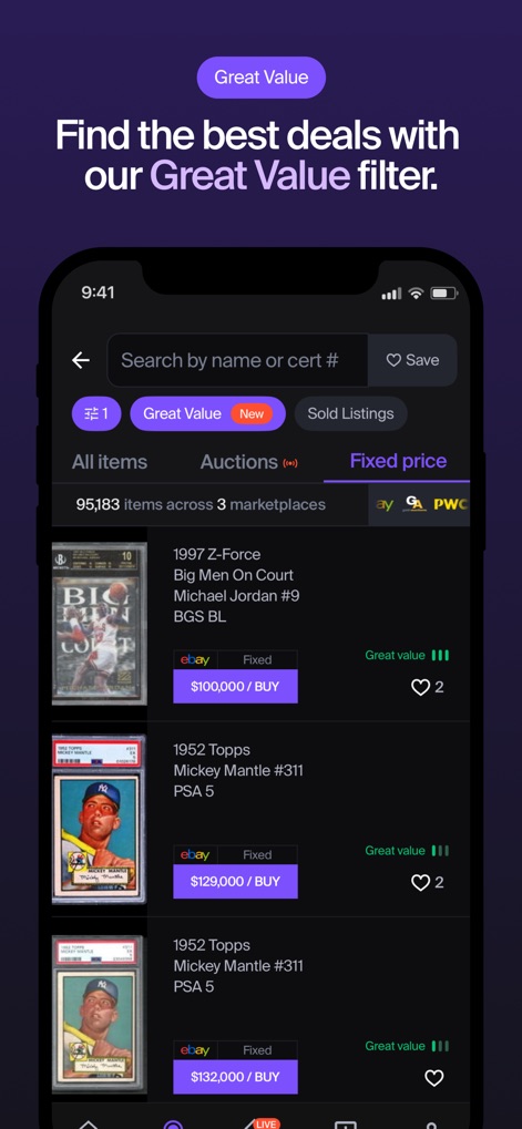 Alt: Buy & Sell Cards - Lo strumento permette di individuare le migliori offerte utilizzando il filtro "Great Value", che etichetta esplicitamente le carte considerate di grande valore all'interno dei risultati di ricerca.