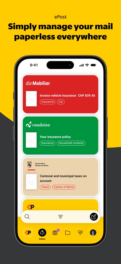 Swiss Post - La fonction ePost permet de gérer efficacement le courrier numérique, présentant des "invoices" de divers prestataires et organisant tous les documents dans un "Inbox" clair.