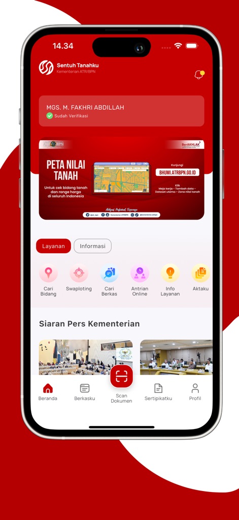 Sentuh Tanahku - The app's intuitive home screen provides quick access to essential features like the prominent 'Peta Nilai Tanah' banner and a comprehensive array of service icons for land management.