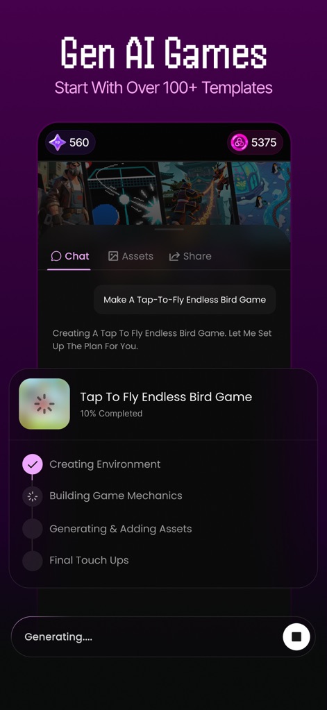 Plutus: Create, Play, Win - Esta captura ilustra o processo de criação de jogos via IA, mostrando as etapas de desenvolvimento como "Creating Environment" e o progresso na geração de um "Tap To Fly Endless Bird Game".