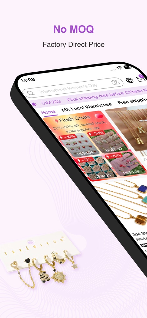 Nihaojewelry-Wholesale Online - Die Startseite hebt wichtige Vorteile wie 'No MOQ' und 'Factory Direct Price' hervor, während der 'Flash Deals'-Bereich Produkte mit deutlichen Rabatten und Preisen anzeigt.