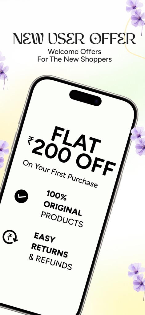 Myntra - Fashion Shopping App - This screenshot highlights appealing welcome incentives for new users, showcasing a prominent flat discount offer and the assurance of 100% original products.