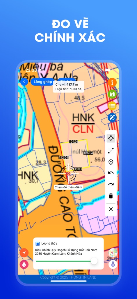 Thongtin.land- - Users can accurately measure land parcels directly on the map, displaying both perimeter and area in hectares, vital for surveying and development.