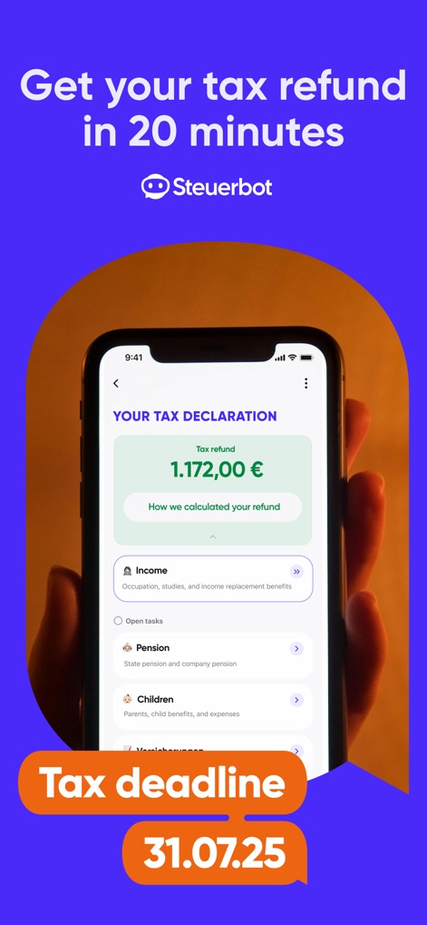 Steuerbot – Your Tax-App - The app clearly presents the calculated "Tax refund" and neatly organizes income categories like "Income" and "Pension" for users to review.