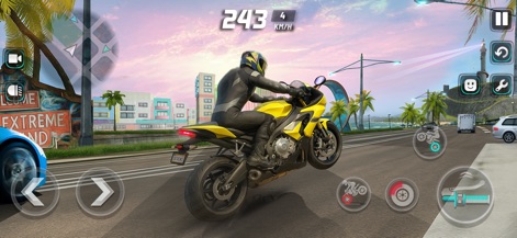 Extreme Motorcycle Simulator - Enjoy the breathtaking scenic road views as the rider executes a stylish wheelie along the coastline.