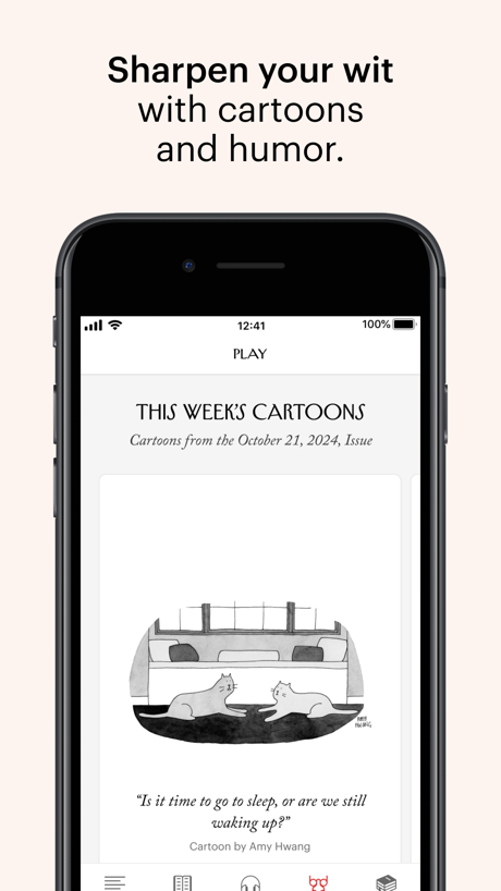 The New Yorker App Store screenshot 6, headline “Sharpen your wit with cartoons and humor.”. Playful tone.