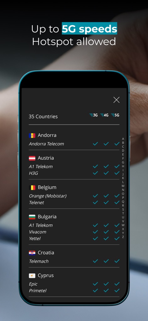 Ubigi: Travel eSIM mobile data - Los usuarios pueden verificar la disponibilidad de redes, con una lista exhaustiva de países y operadores, y las marcas de verificación que detallan la compatibilidad con 3G, 4G y 5G en cada destino.