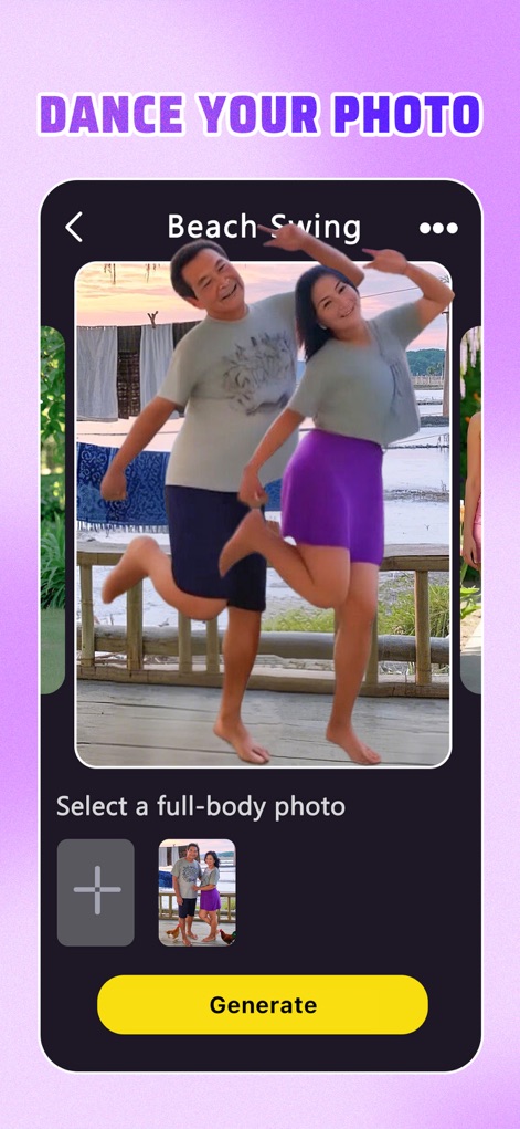 Animator - AI photo dance - See how Animator - AI photo dance transforms full-body photos into dynamic dance videos through selecting an image and tapping "Generate".