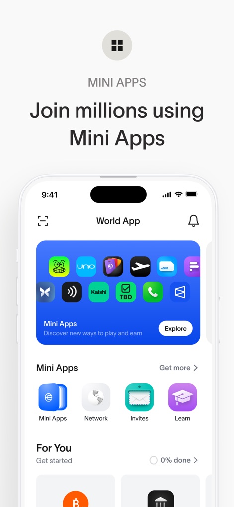 World App - Real Human Network - The app showcases its rich "Mini Apps" ecosystem through a diverse grid of application icons and an inviting "Explore" button for discovery.