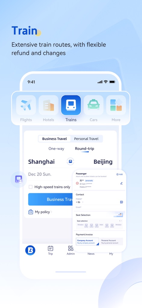 BizTravel-TMC experts - Explore the integrated train booking interface, offering routes from Shanghai to Beijing and various payment options for business travel.