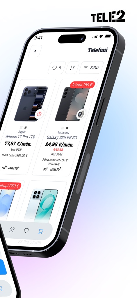 Mans Tele2 - Dentro da seção 'Telefoni', os clientes podem explorar um catálogo de produtos detalhado com imagens e preços, e aplicar 'Filtri' para refinar a busca.