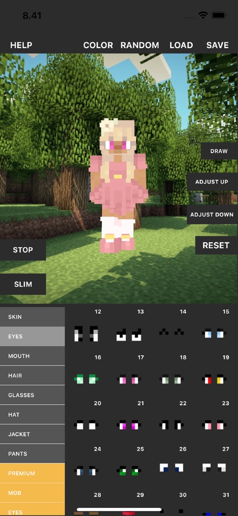 Custom Skin Creator - Users can choose from a wide array of eye styles and instantly preview their unique design on the dynamic slim character model.
