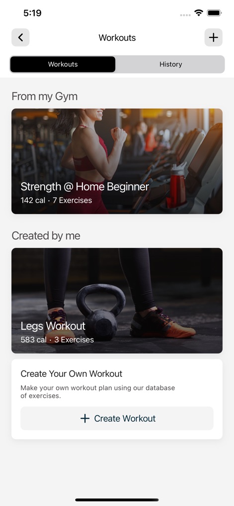 GymNation - The app provides pre-designed workouts "From my Gym" and the flexibility for users to "Create Your Own Workout" plans.
