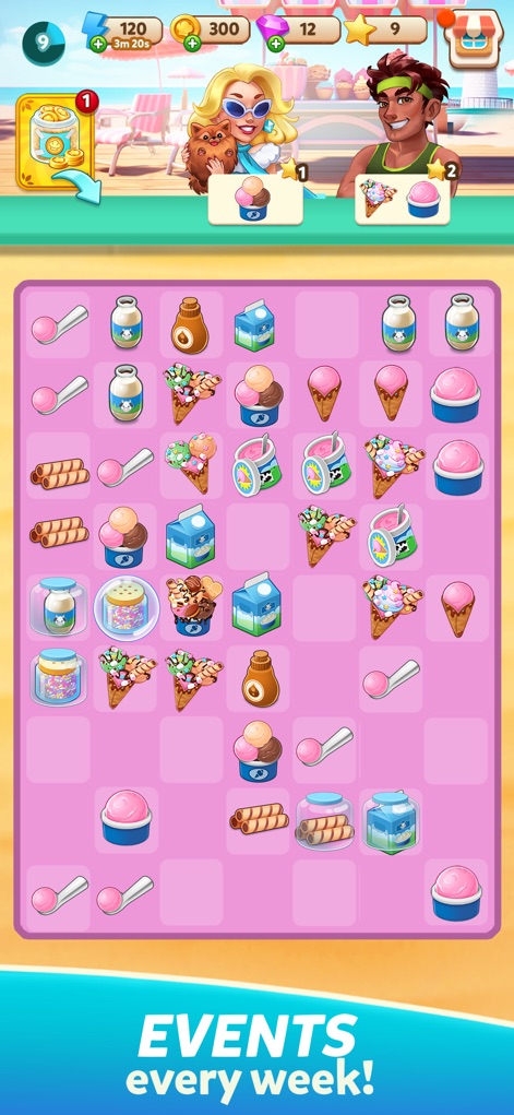 Cook & Merge - Merge Games - Dieses Spielfeld demonstriert die wöchentlichen Events der App, bei denen Nutzer zahlreiche Eiscreme-Items und passende Zutaten zusammenführen können.