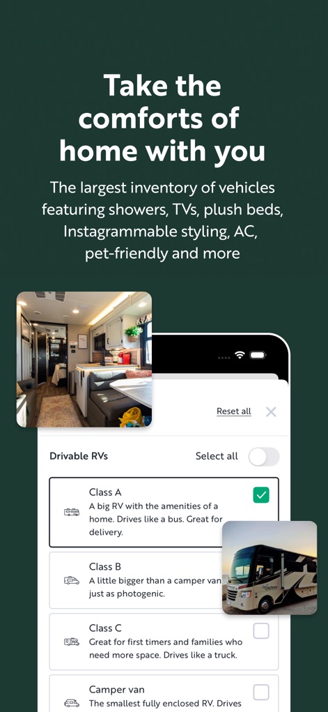 Outdoorsy - Rent an RV - 이 앱은 '클래스 A'부터 '캠퍼 밴'까지 다양한 RV 유형을 제공하여 사용자가 이상적인 차량을 선택할 수 있으며, RV 내부의 주방과 생활 공간을 미리 확인할 수 있습니다.
