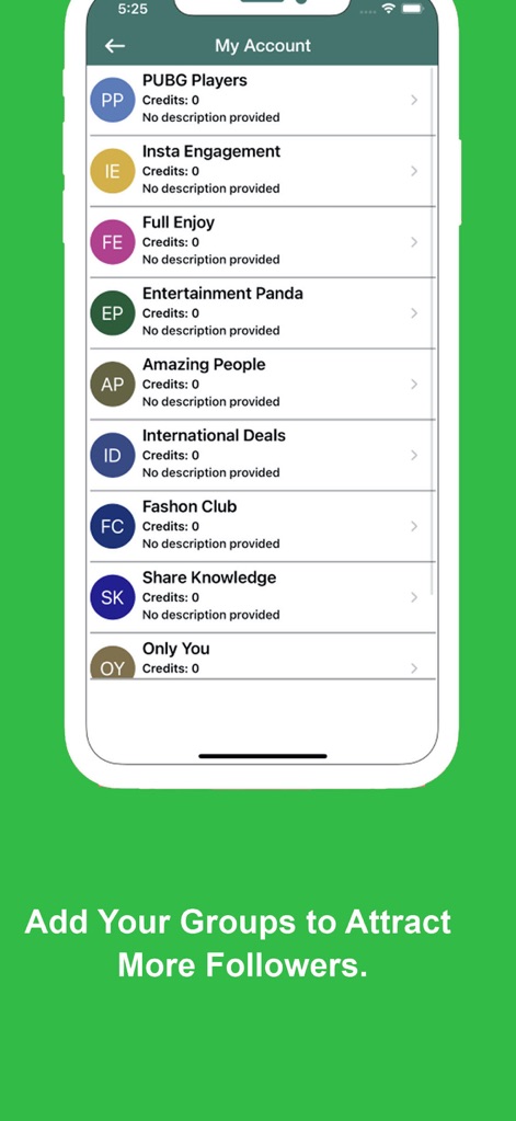 Active groups for WhatsApp - ユーザーは「My Account」セクションで自身が追加したグループを一覧で確認でき、各グループの名称と「Credits: 0」といった現在のステータスが分かりやすく表示されています。