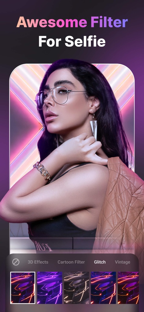 LoopArt - 3D Photo & Morph - Esta herramienta ofrece filtros modernos que añaden dinamismo a las selfies, como X (efectos glitch vibrantes) y Y (fondos de neón geométricos), perfectos para contenido en redes sociales.