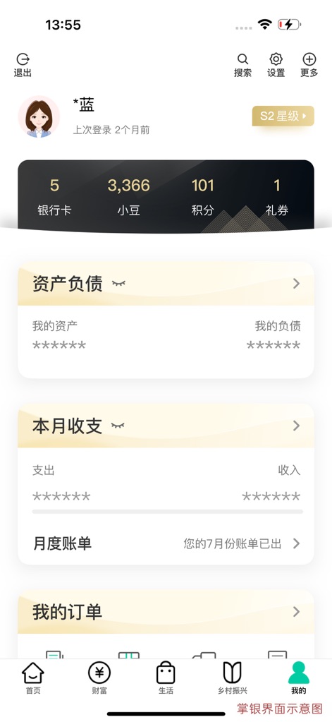 中国农业银行 - Users gain a comprehensive financial overview from '资产负债' summaries and track spending with '本月收支' statements, all within a personalized section.