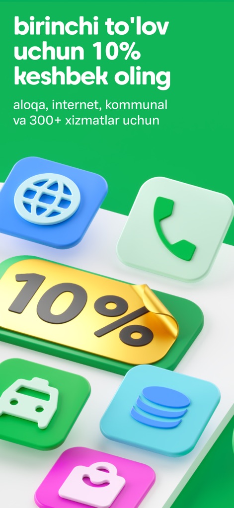 Paynet.uz - Discover the appealing 10% cashback offer prominently displayed, applicable across various service categories including communication and internet payments.