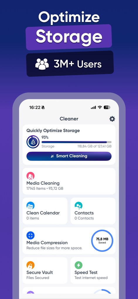Cleaner ・Phone Storage Cleanup - Users can navigate the app's comprehensive dashboard, which features a prominent "Smart Cleaning" option and specialized modules such as "Media Cleaning" to manage device content.