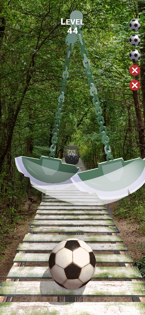 Rollance : Adventure Balls - Users can experience the verdant forest setting as a classic soccer ball encounters dynamic swinging obstacles blocking its way.