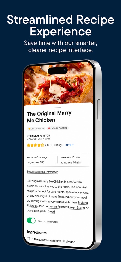 Delish: Original Fun Recipes - The streamlined recipe interface presents a concise overview of key details like Prep Time and Total Time, alongside a 'Keep screen awake' toggle for convenience.