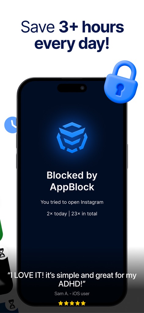 AppBlock: Block Apps & Website - この機能は、ユーザーが試みたアプリ（例：Instagram）のブロック画面と、その日のブロック回数（2回）および総ブロック回数（23回）を明確に表示します。