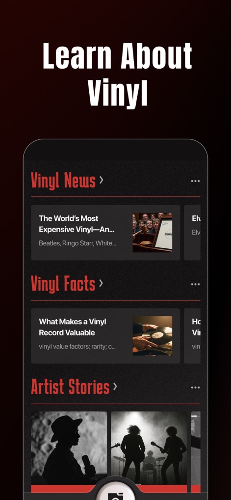 VinylSnap: Scan & Value Record - The app offers a rich learning hub, featuring categories like 'Vinyl News' and 'Artist Stories' to deepen users' understanding of the vinyl world.