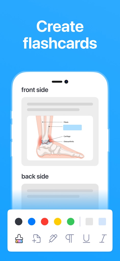 Cogni: Flashcards Learning - Esta herramienta permite la creación sencilla de flashcards, mostrando secciones para el "front side" y "back side" con una ilustración médica detallada de un pie. Los usuarios pueden personalizar el contenido utilizando la barra de herramientas inferior, que incluye opciones de color y edición.