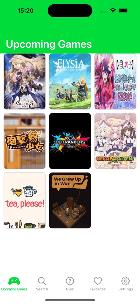HappyMood - All Games Library - Explore the app's extensive library, showcasing a diverse grid of upcoming game titles, all easily accessible via the clear bottom navigation bar.