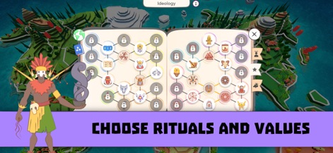 Religion inc. God Simulator - 이 화면에서는 종교의 다양한 의식과 가치관을 선택하고 개발할 수 있습니다. 사용자는 잠금 해제된 아이콘이 있는 기술 트리와 좌측 하단의 부족민 캐릭터를 통해 종교 발전의 폭넓은 가능성을 엿볼 수 있습니다.