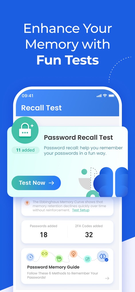 Authenticator App ⁸ - この画面では、記憶曲線に基づくパスワード記憶力テスト機能と、アプリに登録されているパスワードおよび2FAコードの合計数を視覚的に確認できます。