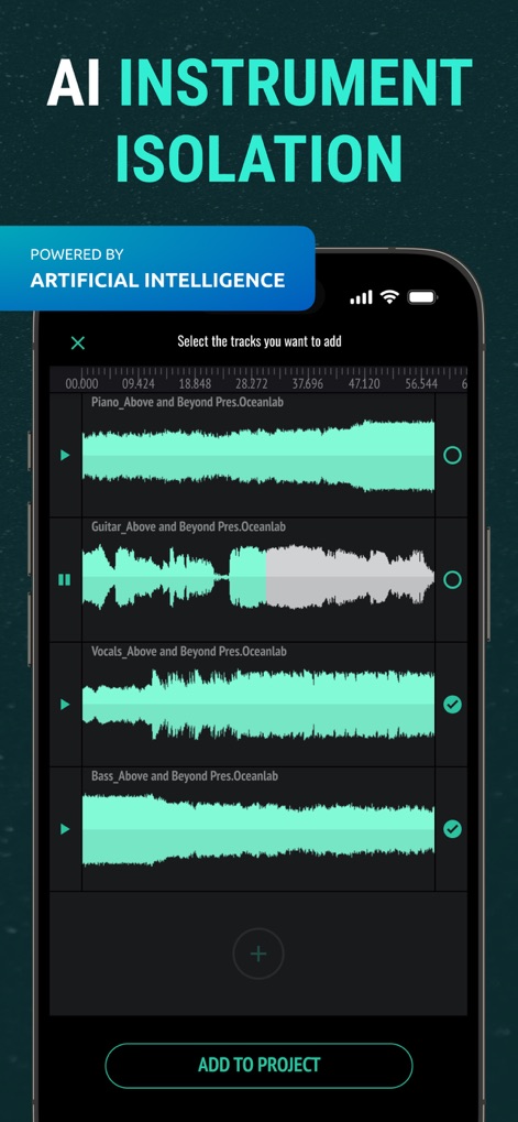 Sound Editor: Audio Changer - 인공지능 기반의 이 기능은 피아노, 기타, 보컬, 베이스와 같은 악기 트랙을 자동으로 분리해주며, 사용자는 각 트랙을 개별적으로 선택하여 프로젝트에 추가할 수 있습니다.