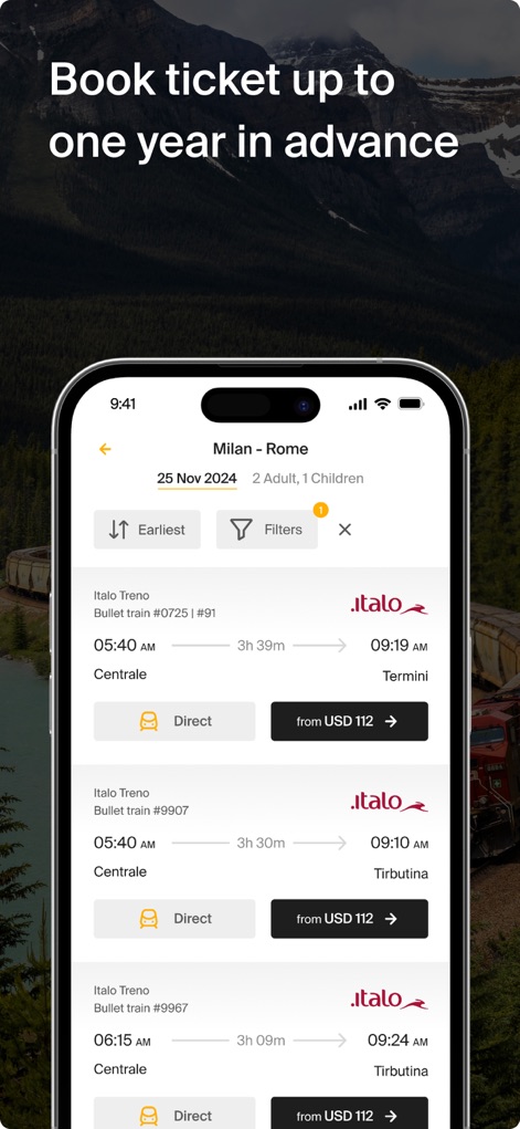 Rail Ninja: Train Tickets - この画面では、ユーザーは検索結果を詳細に確認し、最適な列車オプションを比較検討できます。各列車の出発時刻と到着時刻（例：05:40 AM - 09:19 AM）に加え、所要時間と直行便かどうかの情報（例：Direct）が明確に表示されます。また、複数のフィルター（例：Earliest、Filters）を活用して、希望の条件に合った列車を効率的に絞り込むことが可能です。