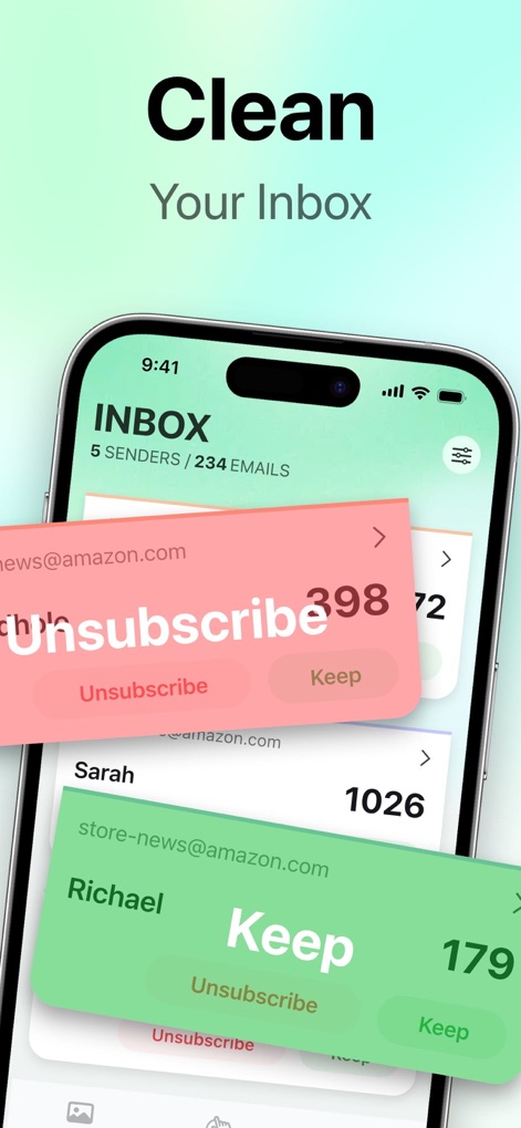 SwipeClean: Storage Cleanup - メールボックス内のジャンクメールや古いスパムを簡単にクリーンアップします。このアプリは、受信箱の現在の状態（「5 SENDERS / 234 EMAILS」）と、メールごとに「Unsubscribe」または「Keep」を選択する直感的なアクションを提供します。
