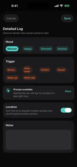 Capture d'écran de QuitGentle Smoking Tracker sur iPhone 2