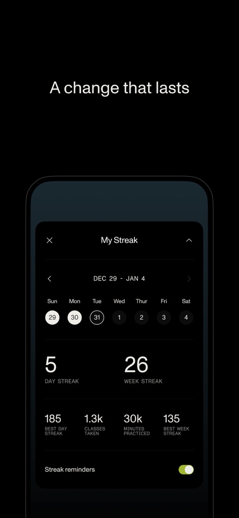 Open: Breathwork + Meditation - Esta captura ilustra el seguimiento de 'My Streak' en un calendario semanal y métricas clave como 'CLASSES TAKEN' y 'MINUTES PRACTICED', motivando la constancia a través del reconocimiento del progreso.