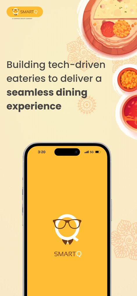 SmartQ - Food Ordering App - O aplicativo SmartQ introduz a experiência de pedido de comida, exibindo seu logotipo e a tela de carregamento inicial para um acesso rápido.